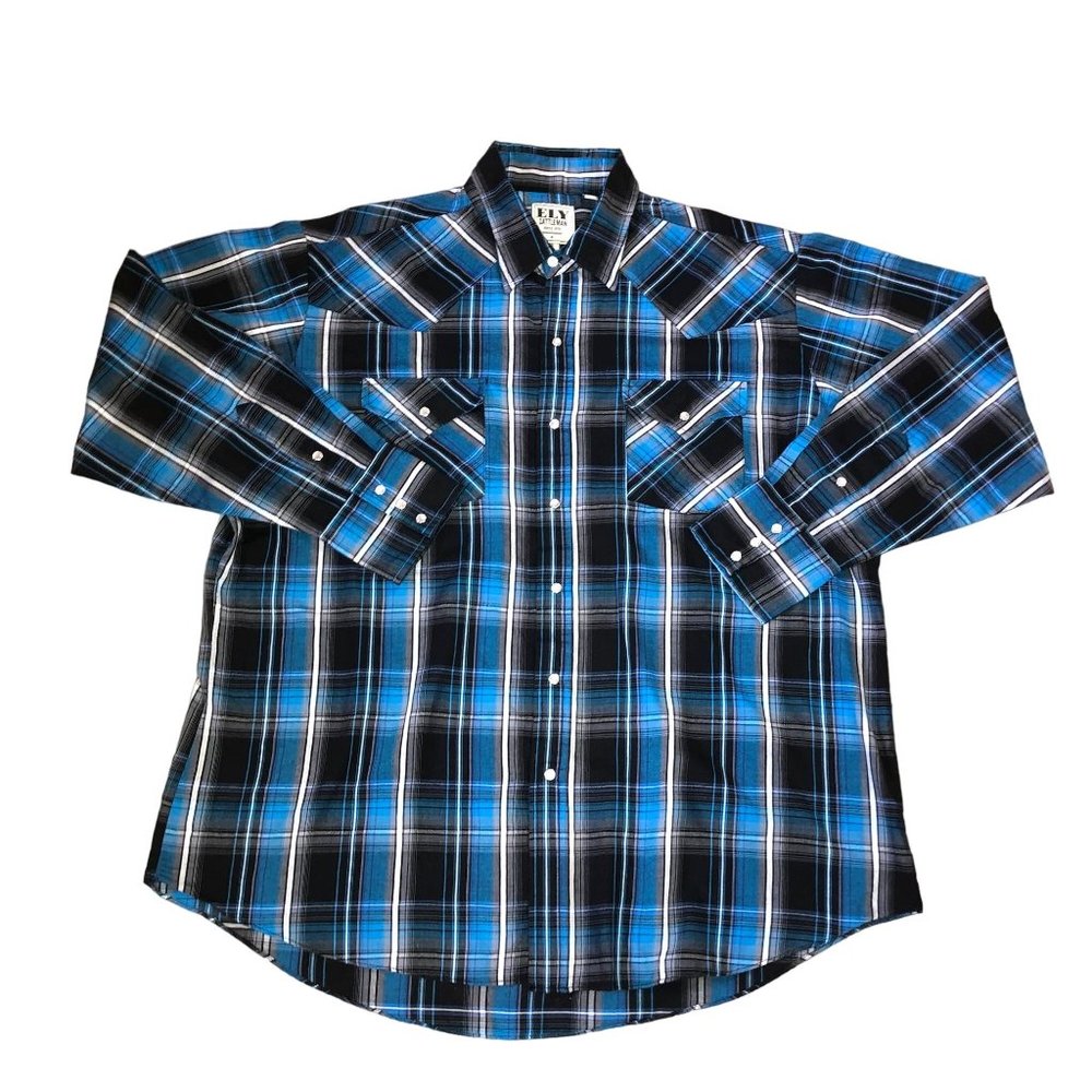 Ely Cattleman Pearl Snap Shirt Sz XL Blue Black Long Sleeve Cowboy Rancher Mens